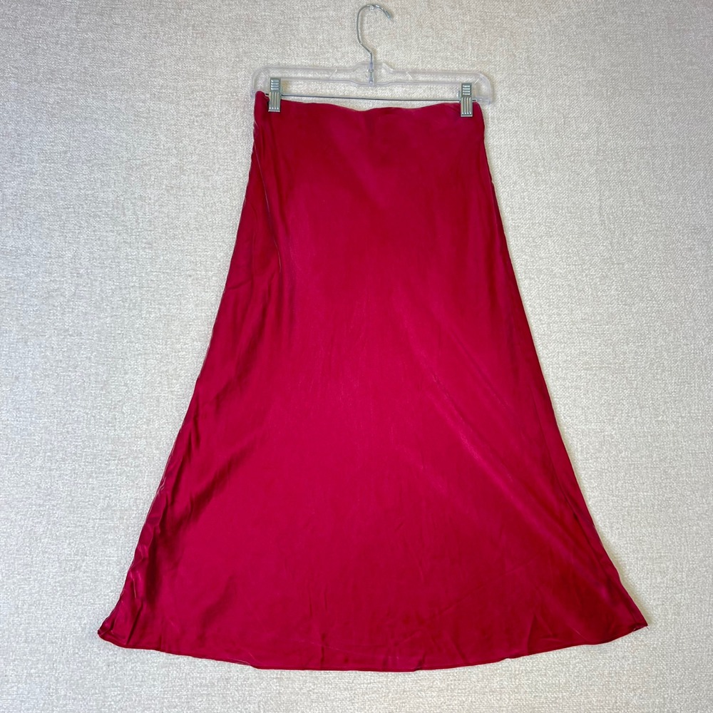 Quince 100% Silk Midi Skirt Burgundy Red Bias Cut Satin Size Medium